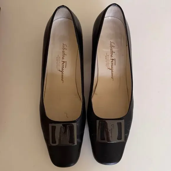 Salvatore Ferragamo Black Leather Nero Nappa Kid Pump Block Heels Italy 8.5 - Picture 3 of 12
